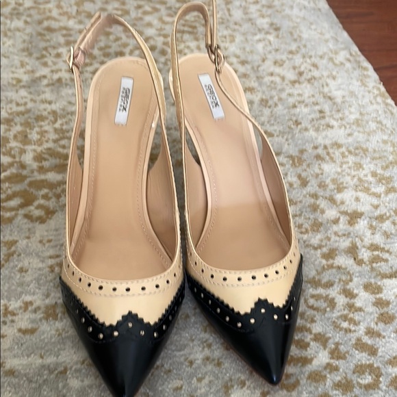 Geox Black and Cream Slingback Heels with Studded Elegance